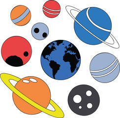 Obraz premium Set of colorful cartoon planets and celestial bodies of different sizes, including Earth and ringed planets. Playful vector illustration for space education, astronomy projects, and kids' creative des