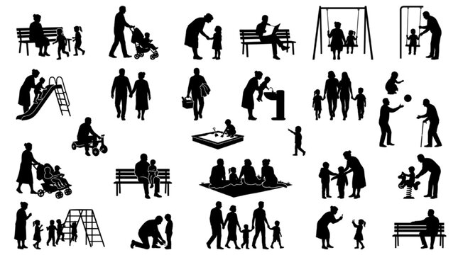 Family and Children Park Activity Silhouette Set &mdash; Parents, Kids, Playground, Bench and Outdoor Scene Figures
