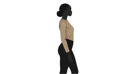 A dark-skinned woman wearing a tan shirt and black pants stands sideways © Stock Image Paradise