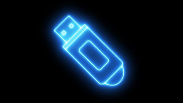 Neon glowing usb flash drive animation, digital data storage concept, cyberpunk tech
