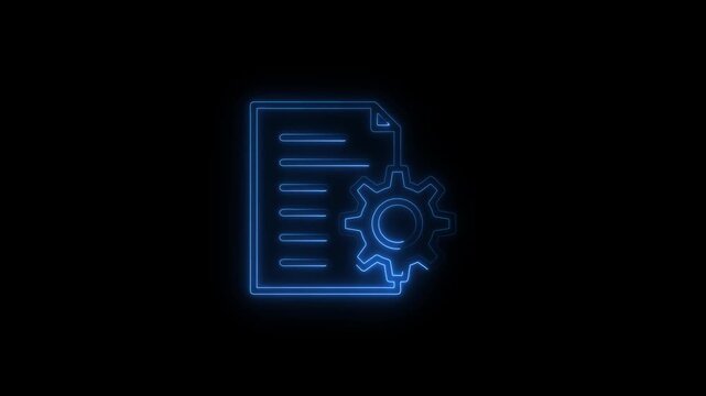 Glowing blue neon document and gear settings icon animation animated with a symbol representing computer tech technology software interface computer tech technology software interface
