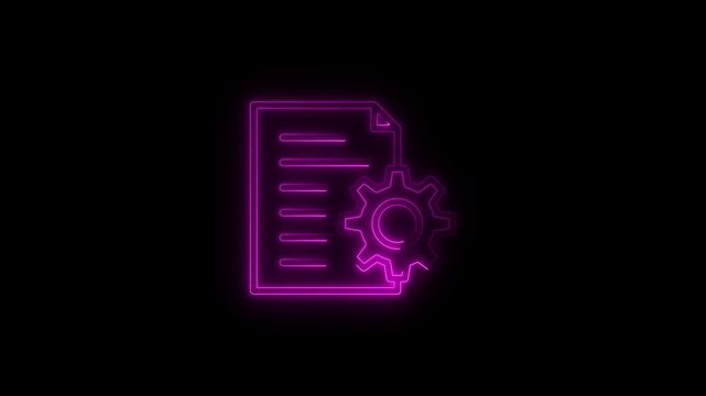 Glowing purple neon document and gear settings icon animation animated with a symbol representing computer tech technology software interface computer tech technology software interface