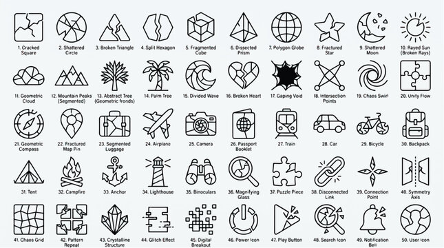 Collection of 50 unique line icons featuring various geometric shapes and objects on a light blue background