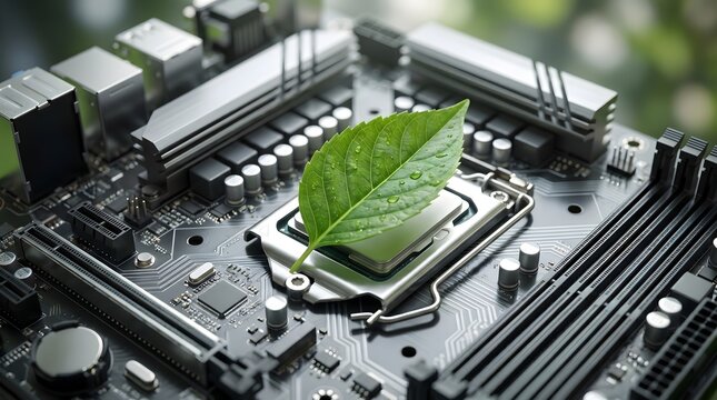 Green leaf with water droplets on computer motherboard CPU socket