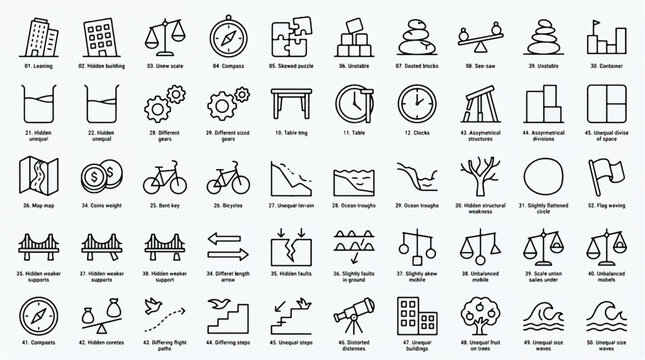 Black and white line icons depicting various concepts of imbalance and asymmetry in architecture and design