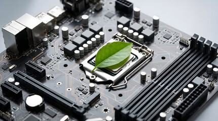 Fototapeta premium Green leaf on computer motherboard CPU socket symbolizing eco-friendly technology