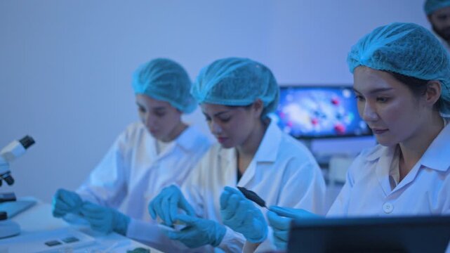 Team scientists in hairnets and coats examine a sample with focused attention in a moody blue laboratory, a cinematic image for biotech and discovery.