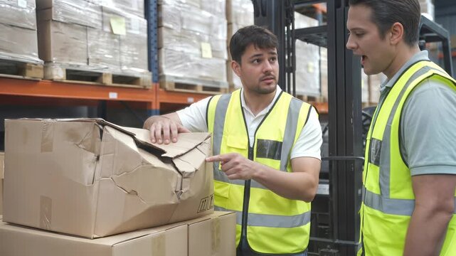 Warehouse workers inspecting damaged cardboard box in distribution center. Logistics employees discussing shipping issues. Panning camera movement.