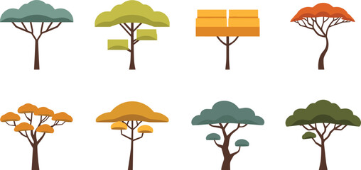 Minimalist Acacia and African Tree Icons Set with Flat Umbraculiform Canopy Shapes for Safari Landscapes Wildlife Graphics and Travel Theme Designs © rumi