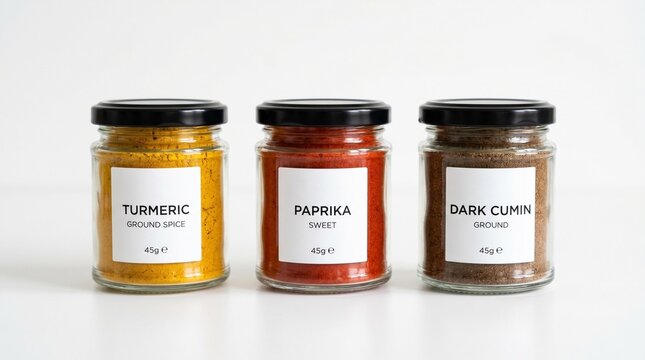 Three glass jars of organic spices on a white surface