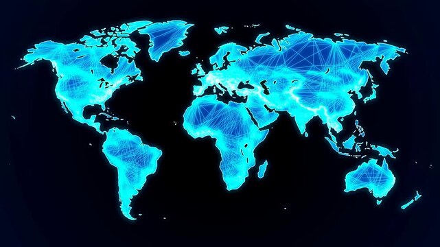 Glowing blue digital world map with network connection lines on dark background