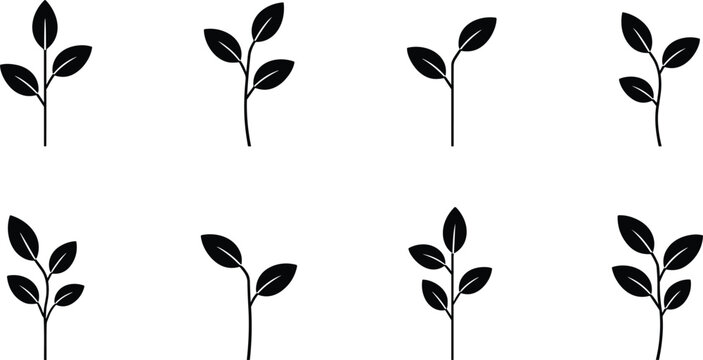 Minimalist Black Leaf Branch Silhouette Icon Set Featuring Small Plant Twigs and Foliage Stems for Nature Branding Botanical Layouts and Organic Logos