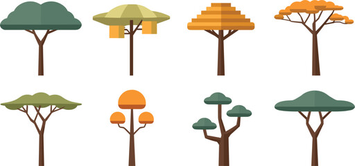 Geometric Flat Design African Savanna Tree Icons Set Featuring Stylized Umbrella Canopy Shapes for Safari Travel Graphics and Landscape Plan Maps © SUMON