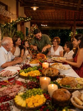 Weihnachtliches Familienessen in Brasilien auf der Terrasse
Brasilianische Familie sitzt festlich am gedeckten Weihnachtstisch mit Truthahn, tropischem Obst, Kerzen und warmem Abendlicht.