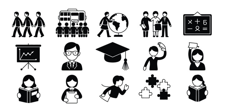 Education and school black pictograms set featuring students teachers learning icons global geography mathematics graduation hat and presentation chart vector