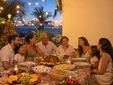Brasilianische Familie feiert Weihnachten mit Meerblick
Weihnachtliches Familienessen in Brasilien mit gedecktem Tisch, Truthahn, tropischen Fr&uuml;chten, Kerzen, Lichterketten und Palmen.