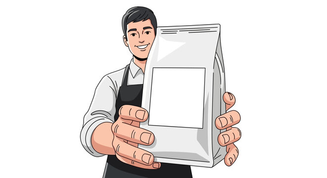 A male barista or shop assistant holds out a blank coffee bag for product packaging design.