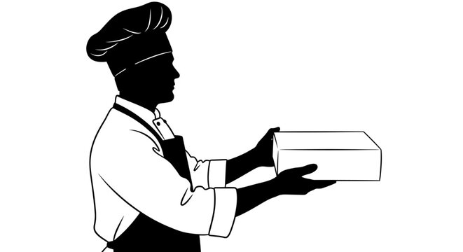 Chef holding a white box in a black and white illustration.