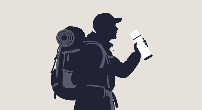 Silhouette of a male hiker with a backpack holding a thermos bottle.