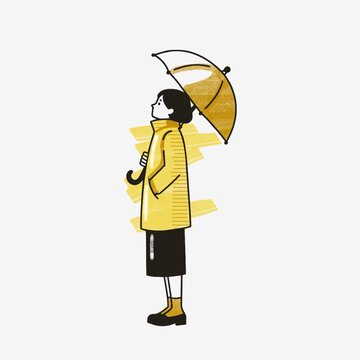 Rainy Day Woman in Yellow Coat Holding Umbrella Illustration 07
