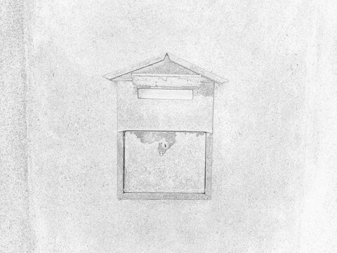 Detailed black and white sketch illustration of a residential mailbox mounted on a brick wall next to an entrance door. Architectural outline drawing suitable for design, educational, and urban-themed