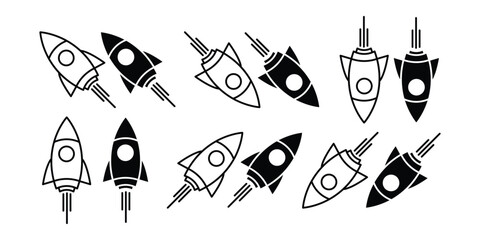 Collection of black and white rocket ship vector icons in solid and outline styles for startup launch themes. © Pollob