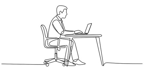 Fototapeta premium Continuous single line drawing of a man sitting at a desk working on a laptop computer Vector, illustration