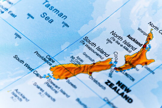 Colorful Physical Map of New Zealand Showing North and South Islands