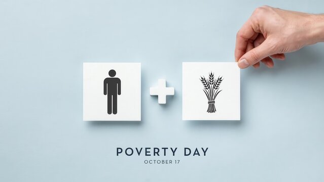 A hand places a wheat icon next to a human icon on a light blue background for Poverty Day.