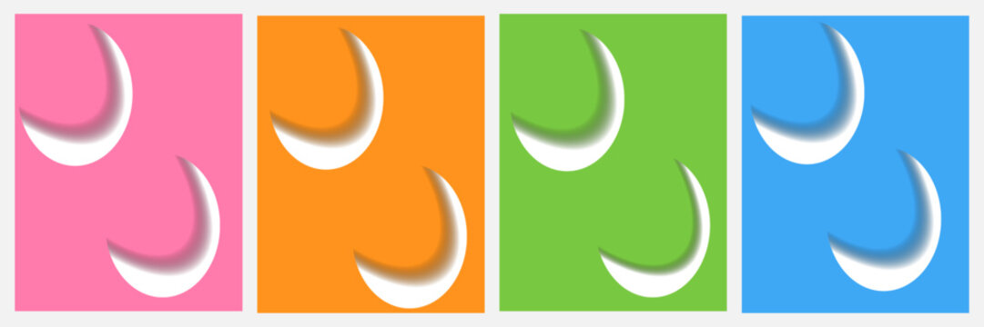 Collection of four vibrant colored background images showcasing white crescent moon graphics for lively artistic composition or modern digital artwork projects with saturated playful color palette sty