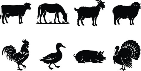 Collection of black farm animal silhouettes featuring cow, horse, goat, sheep, and poultry for graphic design © Designer Arif