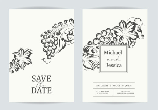 Grape wine wedding cards. Vintage vine decoration