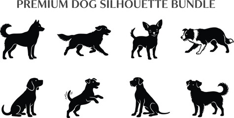 Premium dog silhouette vector bundle featuring various breeds in sitting, standing, running, and playing poses for graphic design © Designer Arif