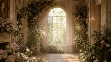 Fototapeta premium An elegant room filled with lush floral arrangements and natural light streaming through a large arched window. The soft, romantic ambiance suggests a beautiful wedding or special event setting