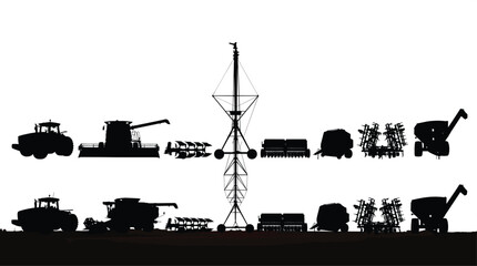 Obraz premium Set of black silhouettes of agricultural machinery including tractors, combine harvesters, plows, and various farming equipment for cultivation