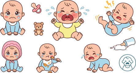 Naklejka premium Crying Baby Cartoon Character Mascot Vector Set with Sad Infant Toddler Tantrum Expressions Spill Milk Pacifier and Messy Feeding Emotions