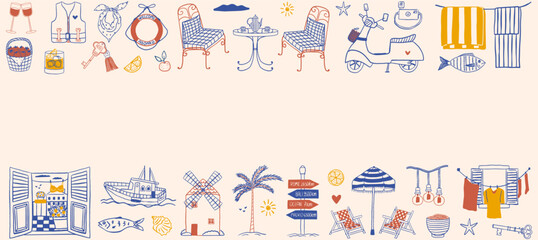 Fototapeta premium Summer travel horizontal background. Vacation frame with hand drawn elements retro scooter, beach chairs, coastal windmill, palm tree, and cafe tables in a vintage doodle style with copy space