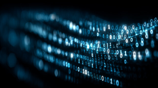 Binary code streams across a digital corridor, representing software processing, data transmission, encryption, and modern computing infrastructure.
