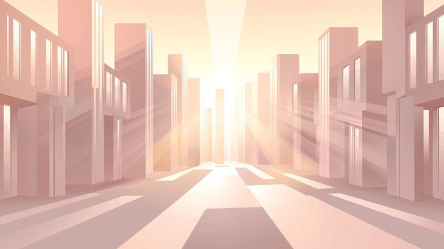 Sunrise cityscape geometric building soft pastel color modern architecture sunlight urban street abstract rectangular form peaceful morning light