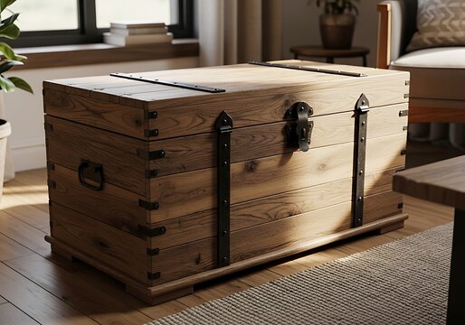 Old wooden treasure chest with metal details on a table. caja de mader 