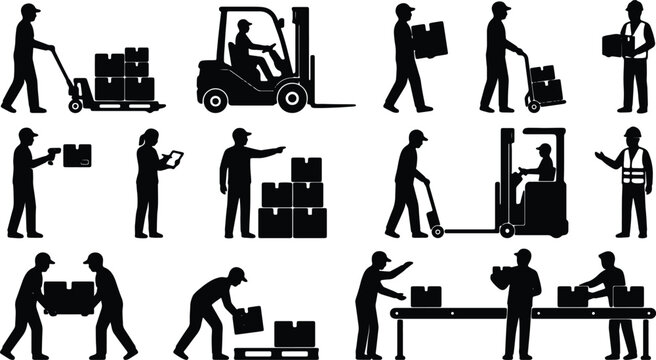 Warehouse Workers and Forklift Icons: Logistics, Delivery, and Shipping Silhouettes for Industrial and Commercial Use