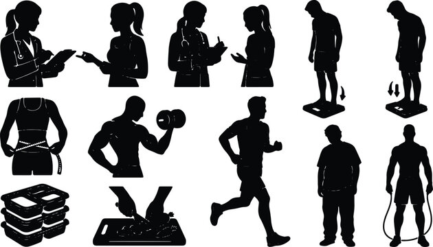 Silhouette Icons: Healthcare Professionals, Fitness Activities, Weight Management, and Healthy Eating Vector Set