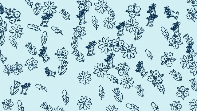 Seamless looping animation featuring hand-drawn floral doodles, leaves, and flower bouquets arranged in a decorative repeating pattern on a soft green background.