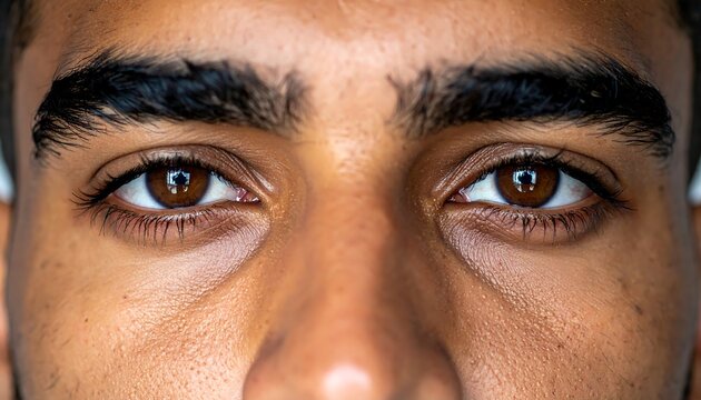 A close-up of a person's eyes with brown irises and thick eyebrows