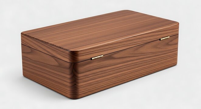 Closed wooden box with natural grain, simple rectangle shape, modern design. caja de mader 