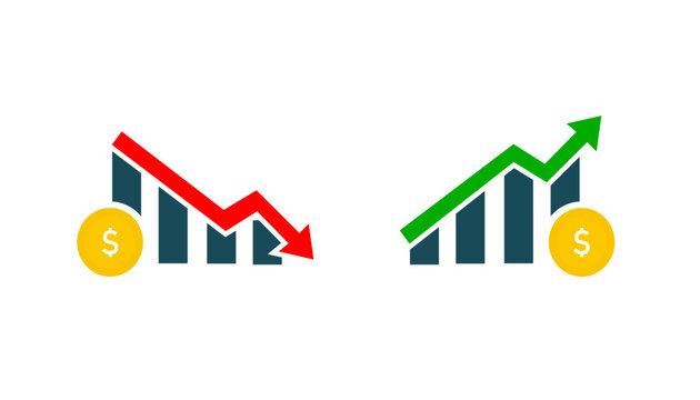 Flat vector icons showing financial growth and decline graphs with dollar coin symbols, representing market performance, investment results, profit, and loss on white.