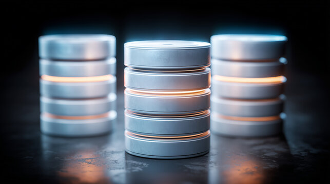 Stacked database cylinders appear in a technology scene, representing data storage, server systems, cloud databases, and enterprise information management.
