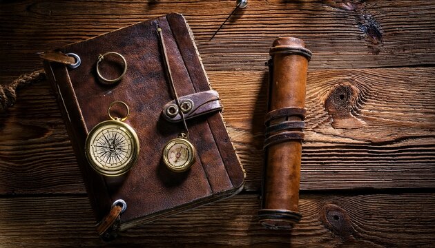 worn leather bound journal with antique navigation tools on weathered wooden plank