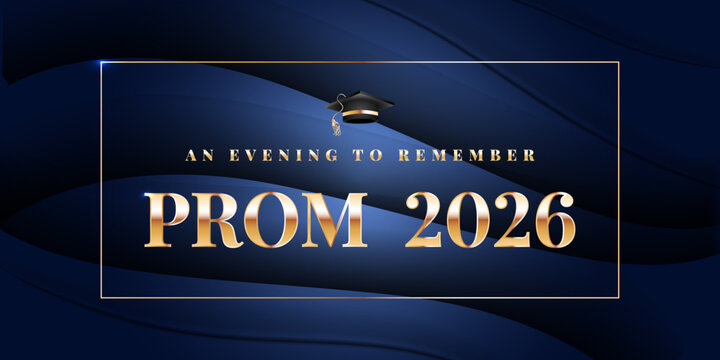 Luxury graduation banner template for class of 2026, elegant prom night invitation with golden typography and mortarboard cap on dark navy blue silk fabric background, quiet luxury style.
