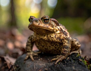 Obraz premium A brown toad with distinctive markings sits on a tree stump in a forest